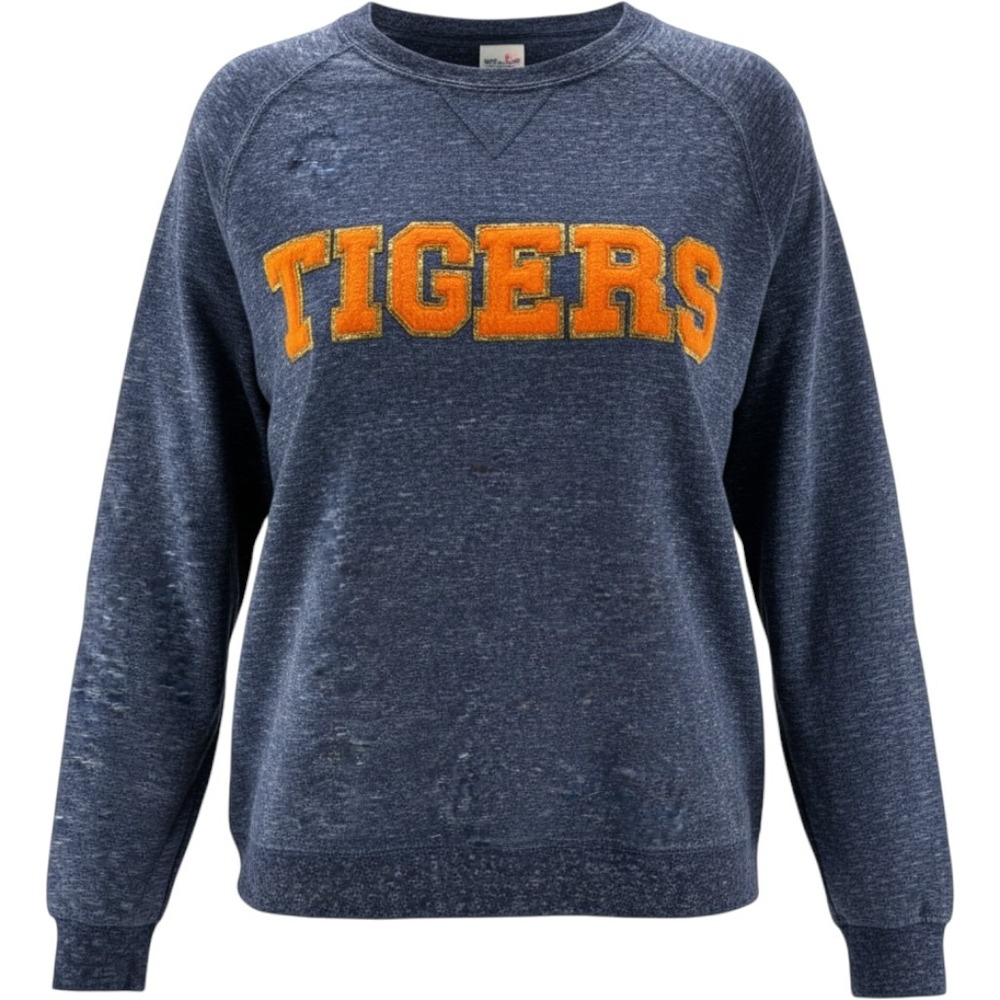 Jerzees Tigers Navy Blue Heathered Chenille Patch Sweatshirt Womens Medium